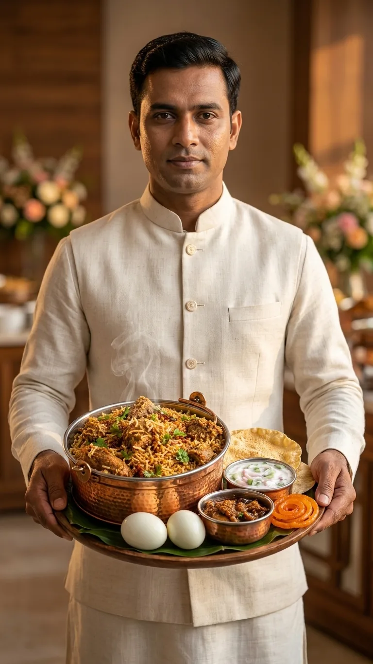 Uniformed Joy Events server in Chennai presenting a copper handi of Ambur style biryani