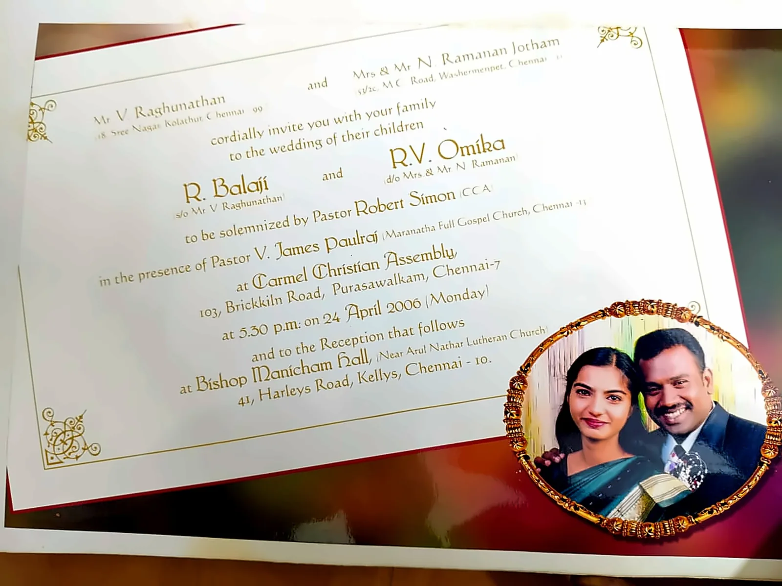 Gold-foiled 2006 wedding invitation for a Purasawalkam, Chennai wedding catered by Joy Caterer