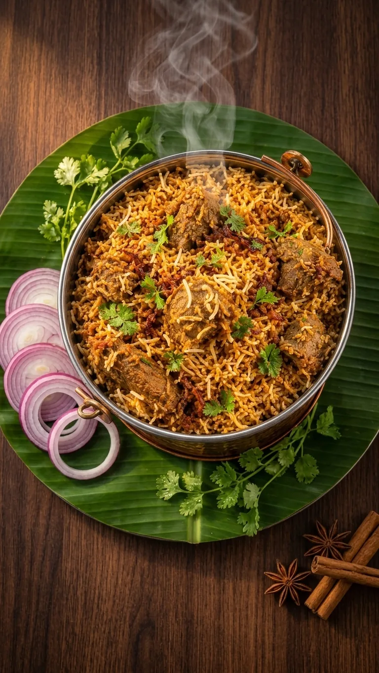 Top-down view of aromatic Chennai style mutton dum biryani in a copper pot placed on a banana leaf
