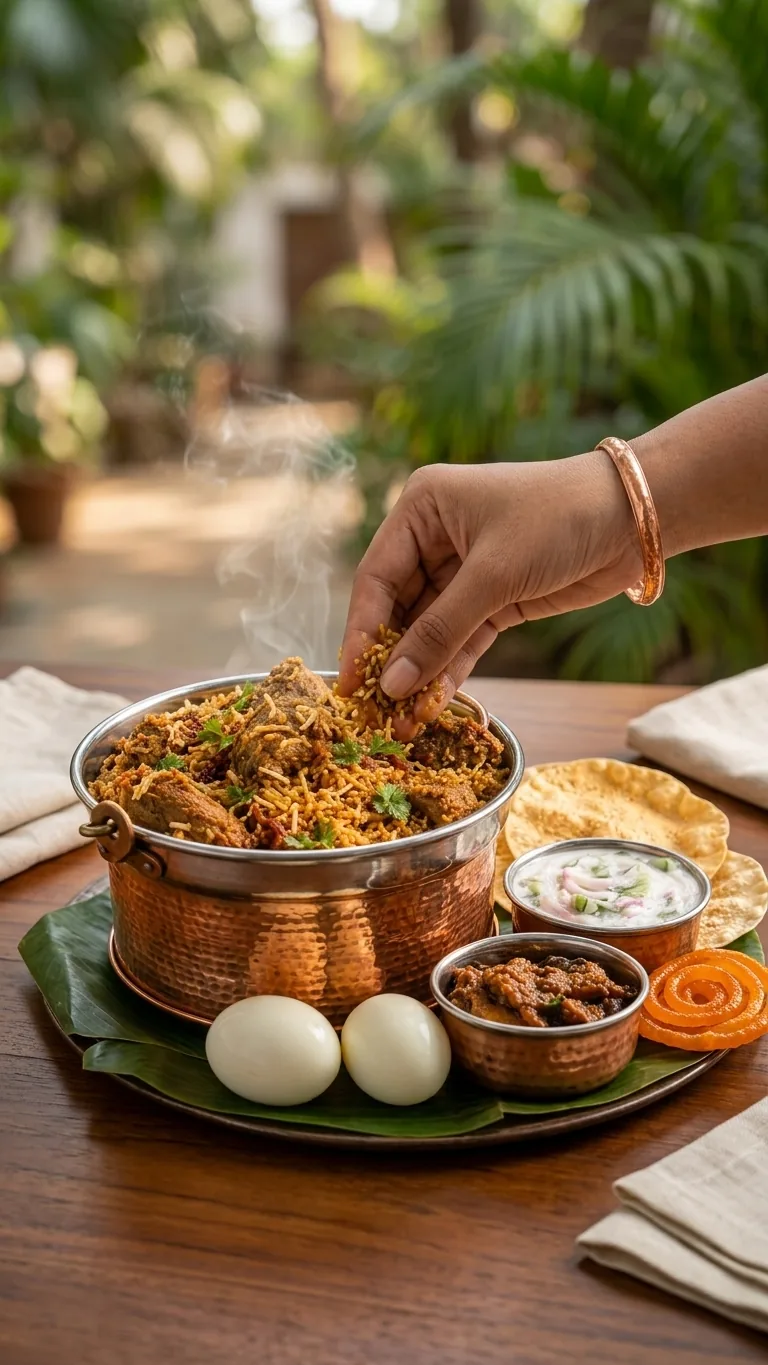Authentic Chennai style chicken biryani being served from a copper handi onto a banana leaf at a wedding catered by Joy Events & Catering