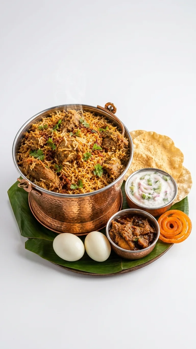 Authentic Chennai style chicken biryani thali with raita, salna gravy, boiled egg, appalam and jangiri